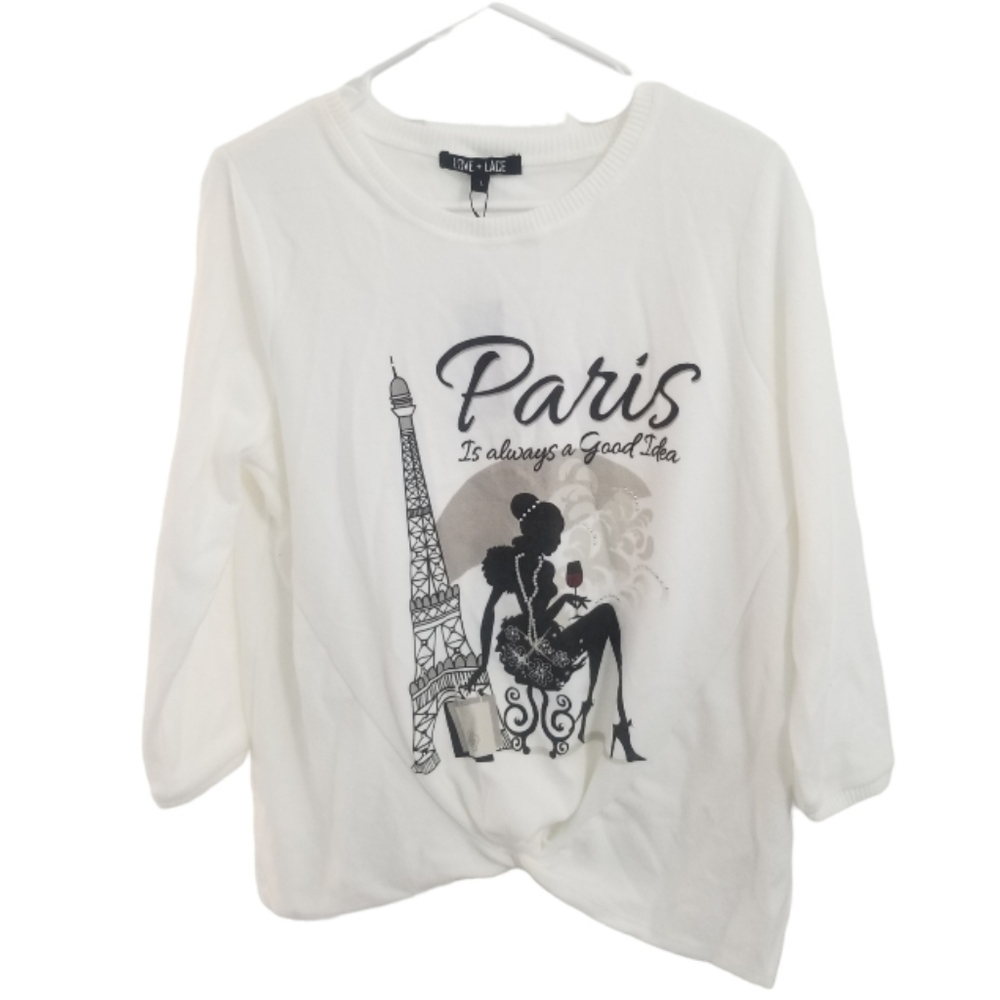 NWT Love + Lace Paris Themed Graphic 3/4 Sleeve Sweater Women's Size LG